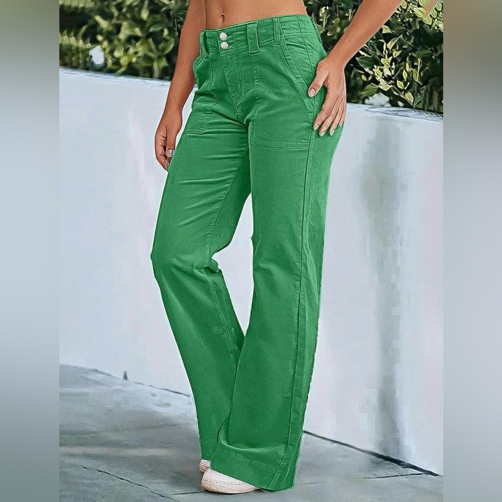 Flamingals Wide Leg Pants Women Mid Waist Dress Flare Straight Leg Corduroy L - Picture 2 of 6